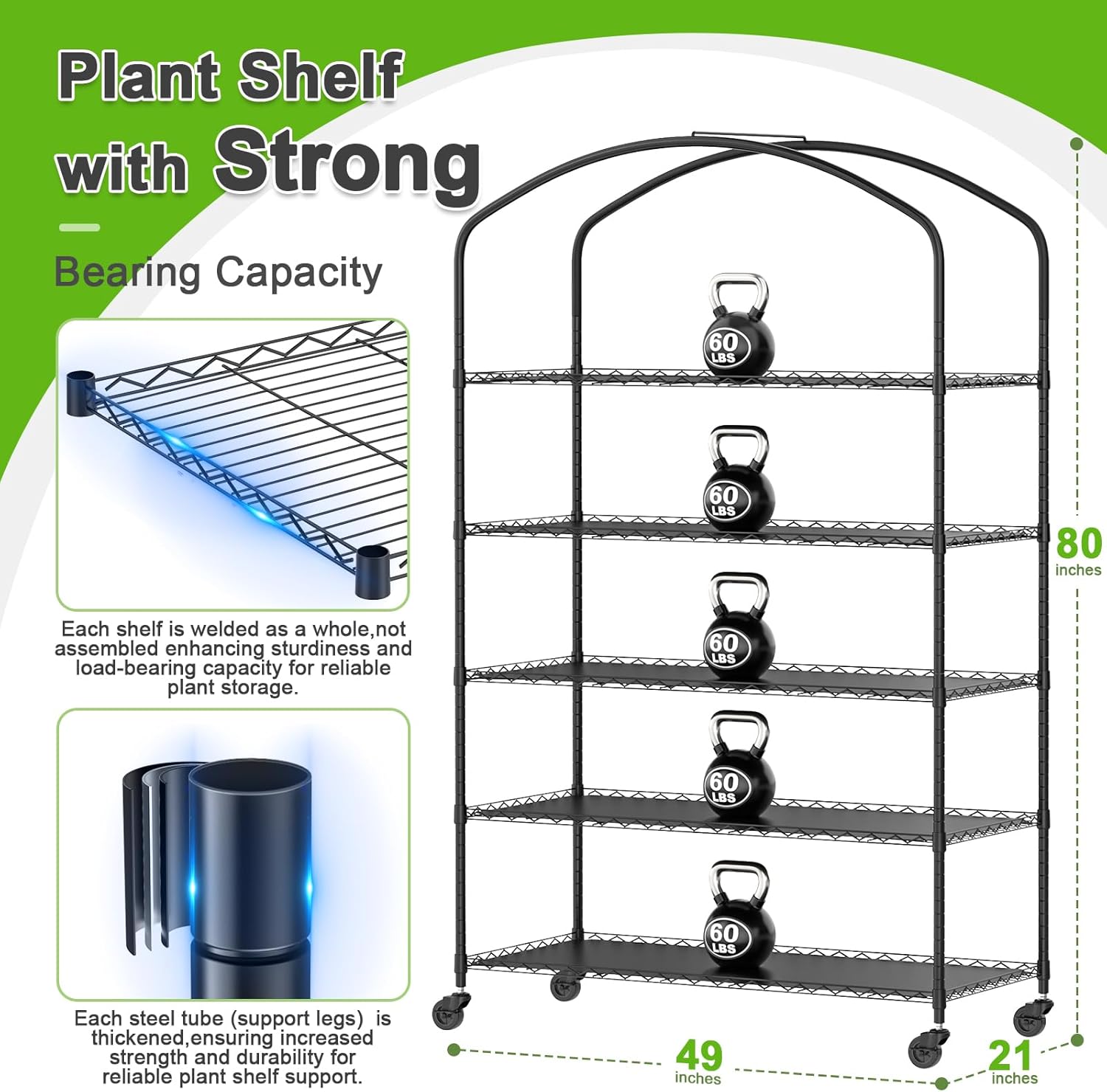 Abimars 5-Tier Greenhouse with Grow Light  Shelf Height Adjustable Metal Plant Shelf with PVC Cover and Wheels  Includes 5-Pack 2900K Full Spectrum Plant Lights  21x49x80inch