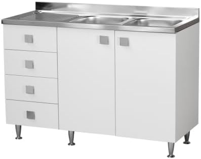 Mobile da Cucina con Lavello in Acciaio Inox 2 Vasche, 2 Ante e 4 Cassetti Bianchi Effetto Legno, Gocciolatoio, 120x50x88 cm (VASCHE A DESTRA)