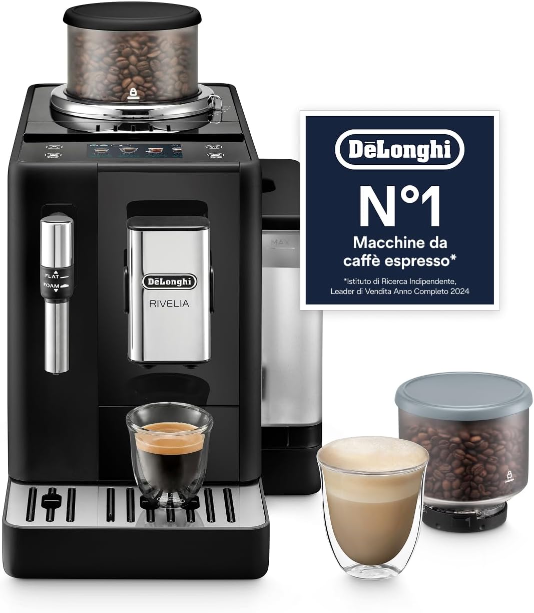 De'Longhi Rivelia – Perfetto Macchina da Caffè Automatica, Montalatte Classico, 8 Bevande in un Solo Tocco, Display Touch a Colori, Contenitori Chicchi di Caffè Intercambiabili, Nero (EXAM440.35.B)
