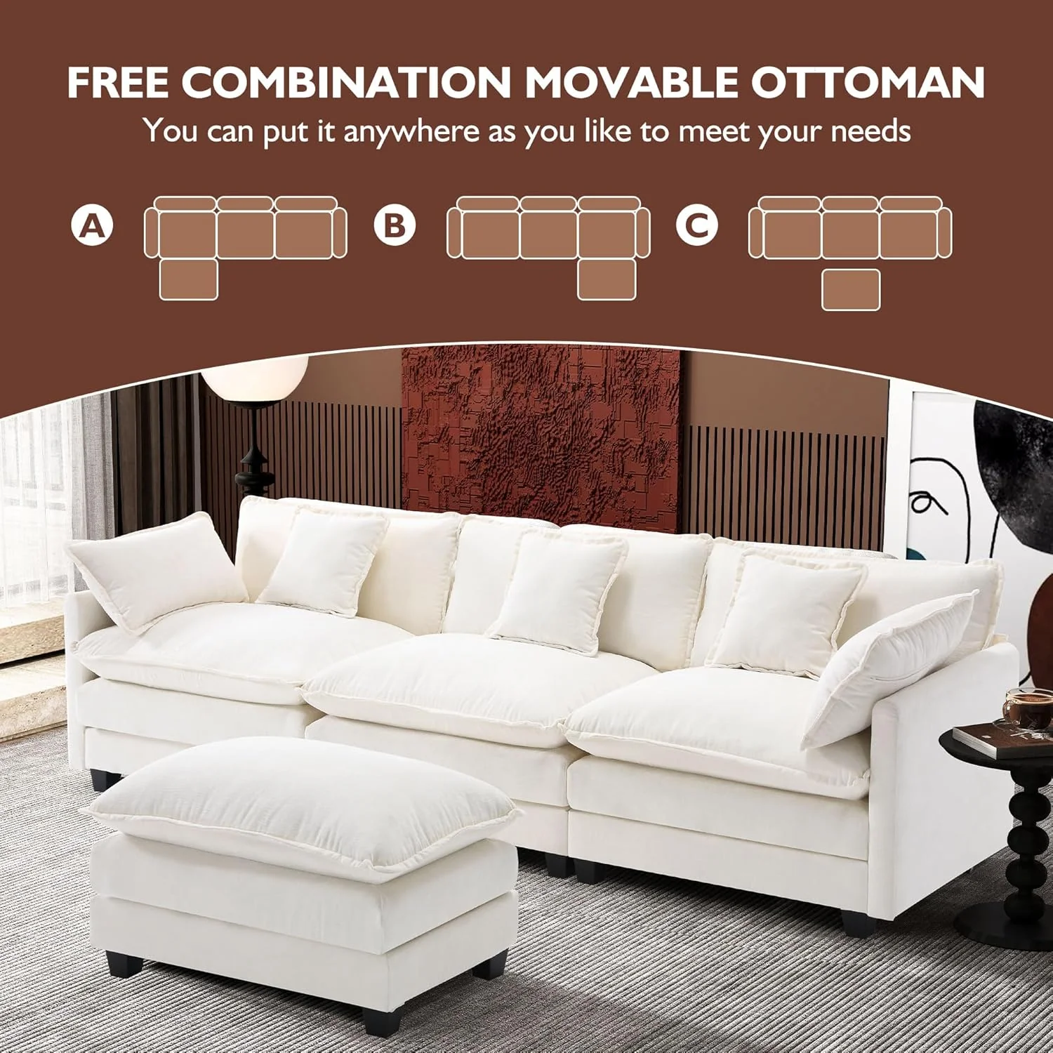 111.4 Inch L-Shaped Modern Sofa Modular Cloud Sofa Ottoman 4-Seater Chenille Deep Seat Sofa