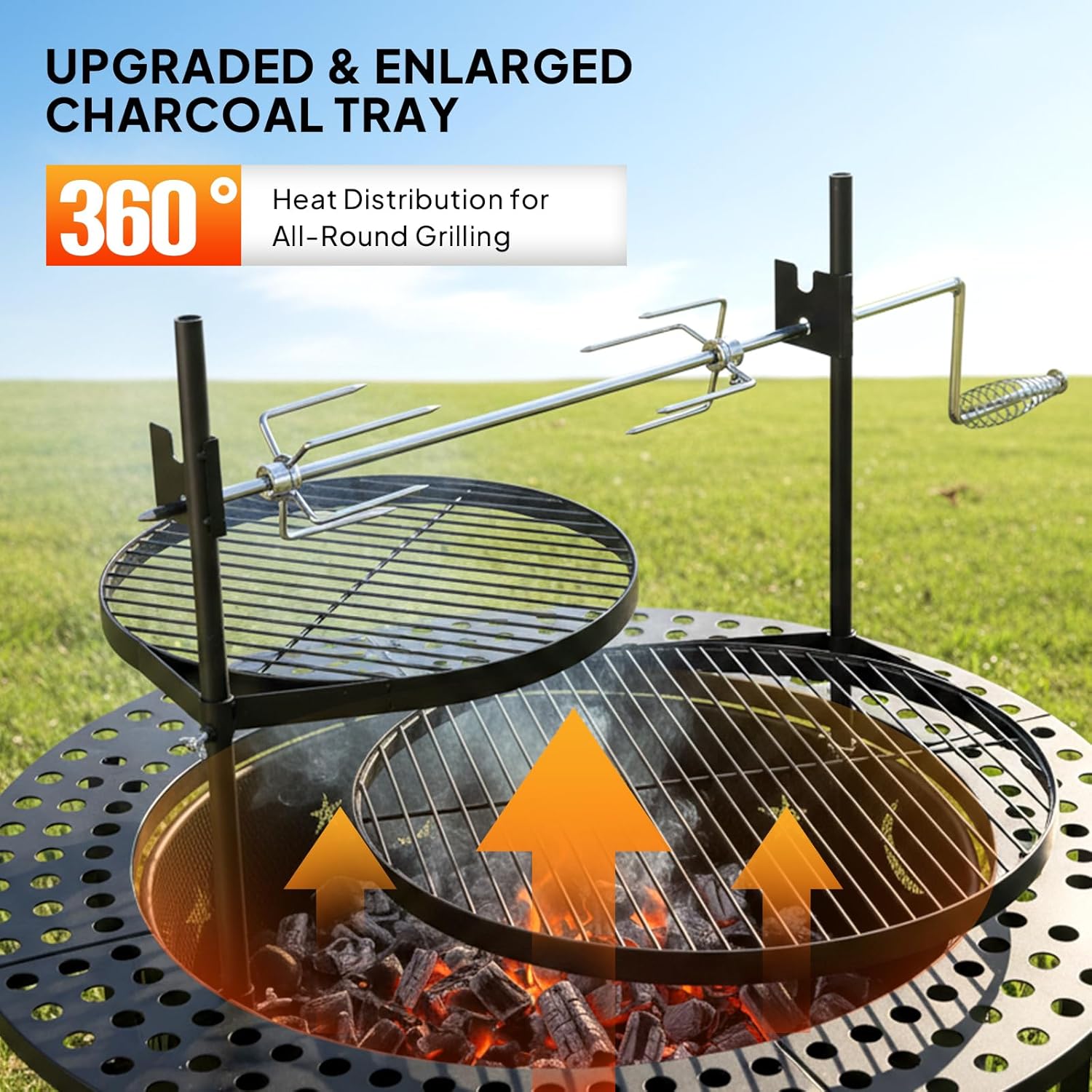 ROVSUN Upgrated 33'' Outdoor Fire Pit with 2 Grills, Grill with Side Shelves, Wood Burning Round Firepit with Swivel Cooking Grate, Removable Swivel Grill for Backyard, Patio, Picnic, BBQ and Parties