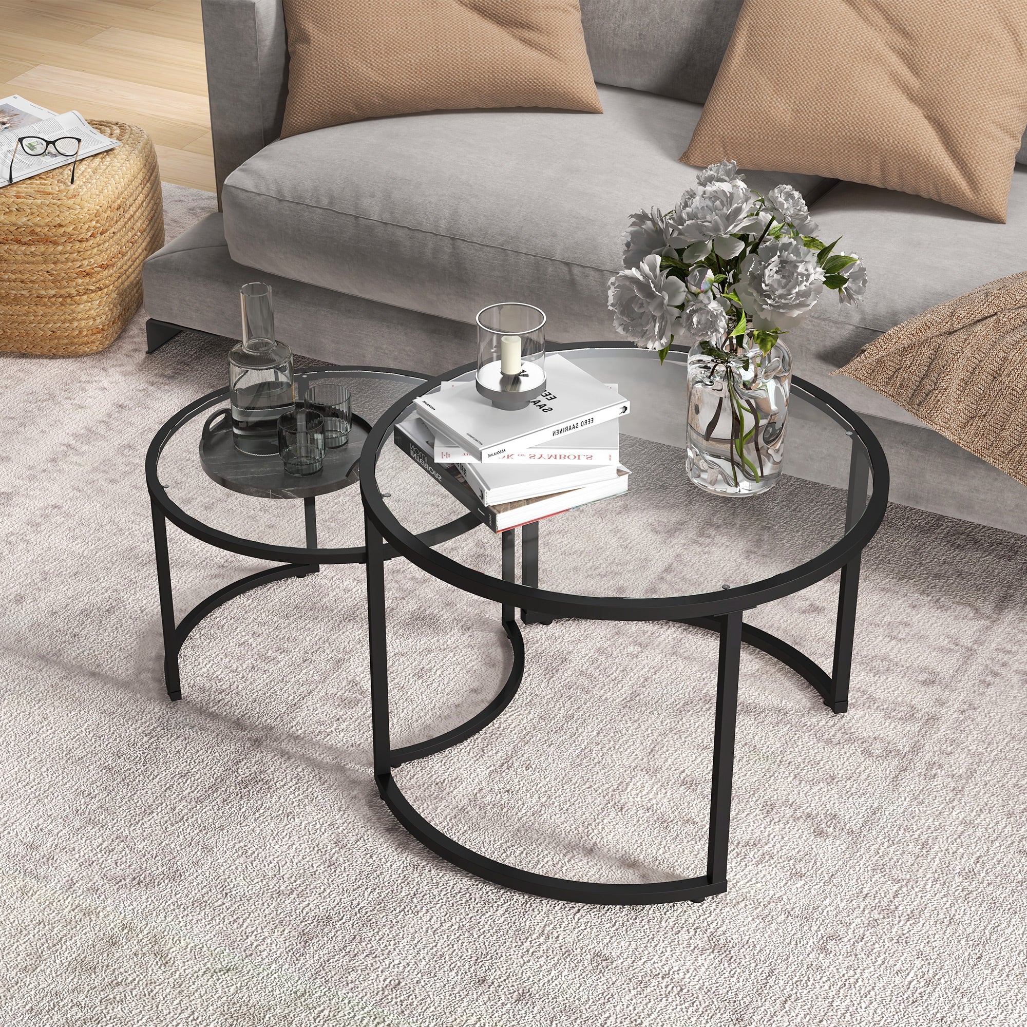 HOMCOM 2-delige Bijzettafels Salontafels Industrieel Design, Glazen Tafels, stapelbaar, Zwart + Transparant