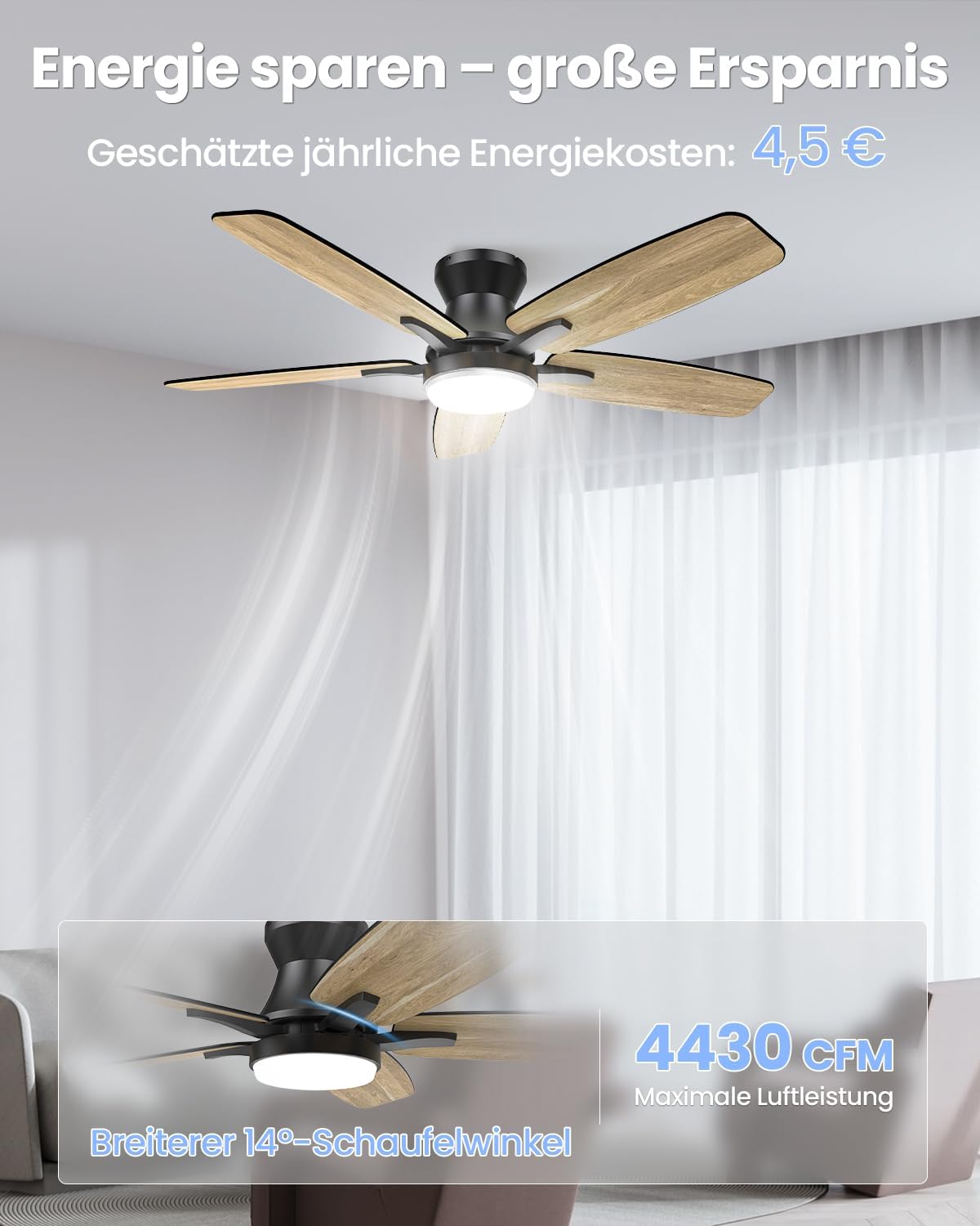 Airwit 106 cm Deckenventilator mit Beleuchtung und Fernbedienung, Deckenventilator mit Licht, leiser 20 dB DC-Motor, dimmbare 18W LED, Timer, doppelseitige Flügel, für Schlafzimmer Wohnzimmer