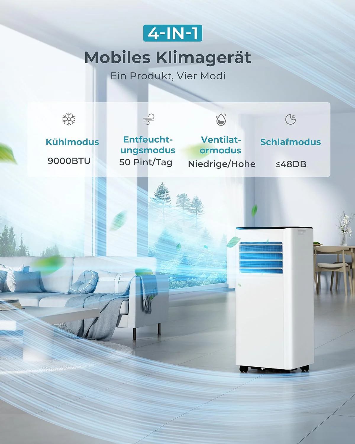 Mobil klímaberendezés, 9000 BTU, elszívócsővel | 4 az 1-ben mobil klíma | Csendes működés