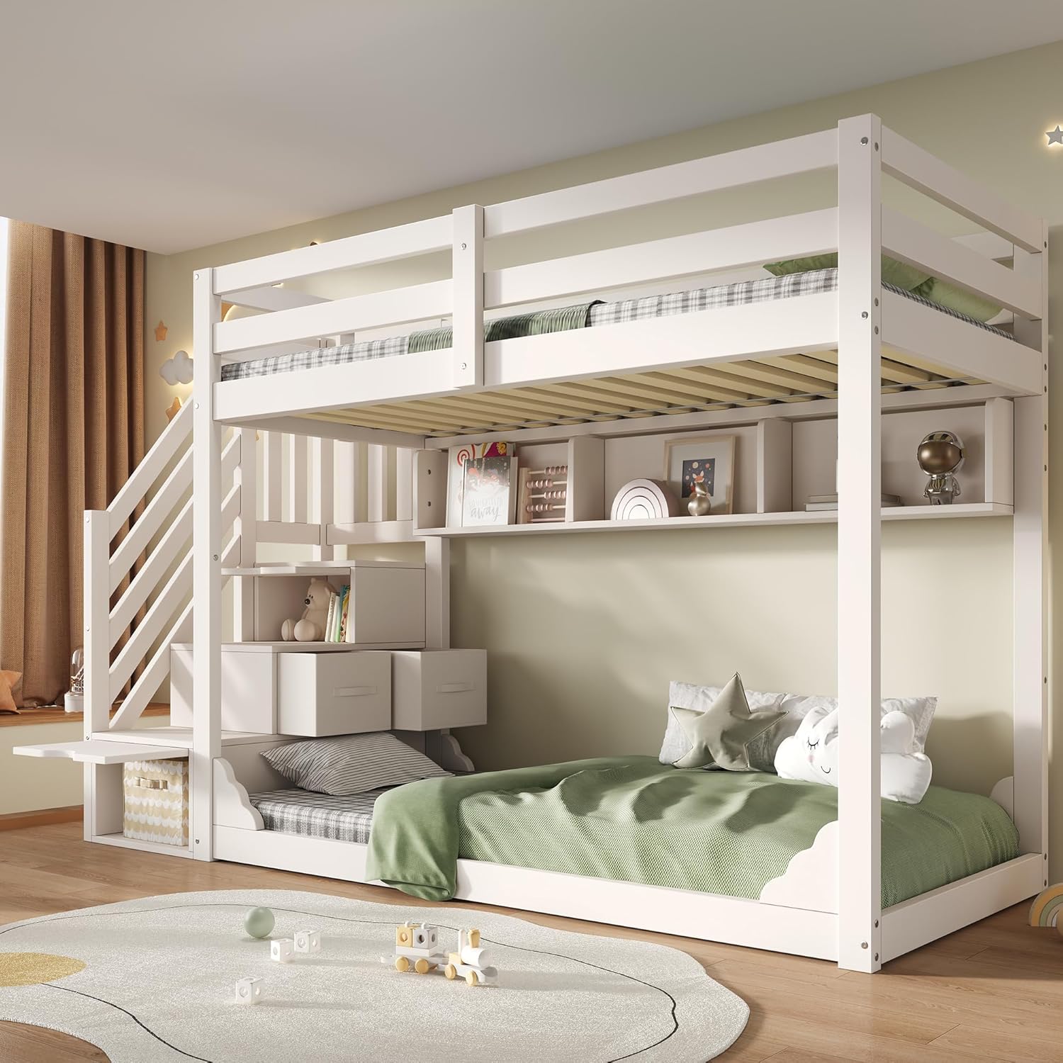 Kebnor Letto a castello per bambini, 90 x 200 cm, bianco, con armadietto per scale e ripostiglio, in legno, salvaspazio, per fratelli, con ringhiere di sicurezza e ripiani, senza materasso