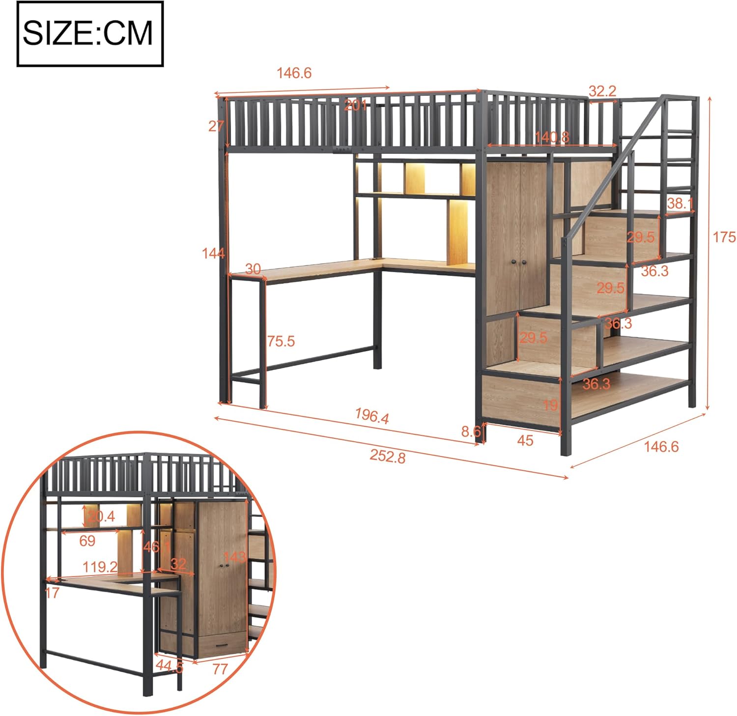 Merax Metall Hochbett 140x200 cm, mit Schreibtisch, Regal, Kleiderschrank und Schubladen, Hochbett mit LED Beleuchtung, Steckdose, USB Typ C, Schwarz (ohne Matratze)