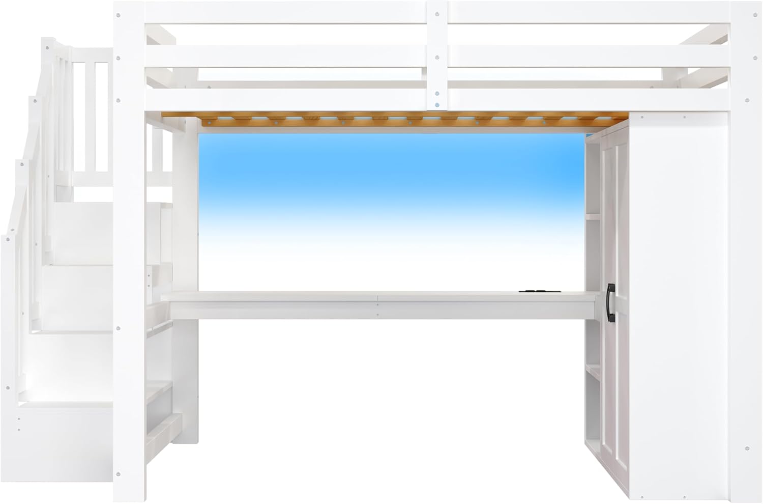 140x200 Hochbett mit Schreibtisch und Regal, Kleiderschrank, Stauraumtreppe, USB und LED-Leuchten, Weiß