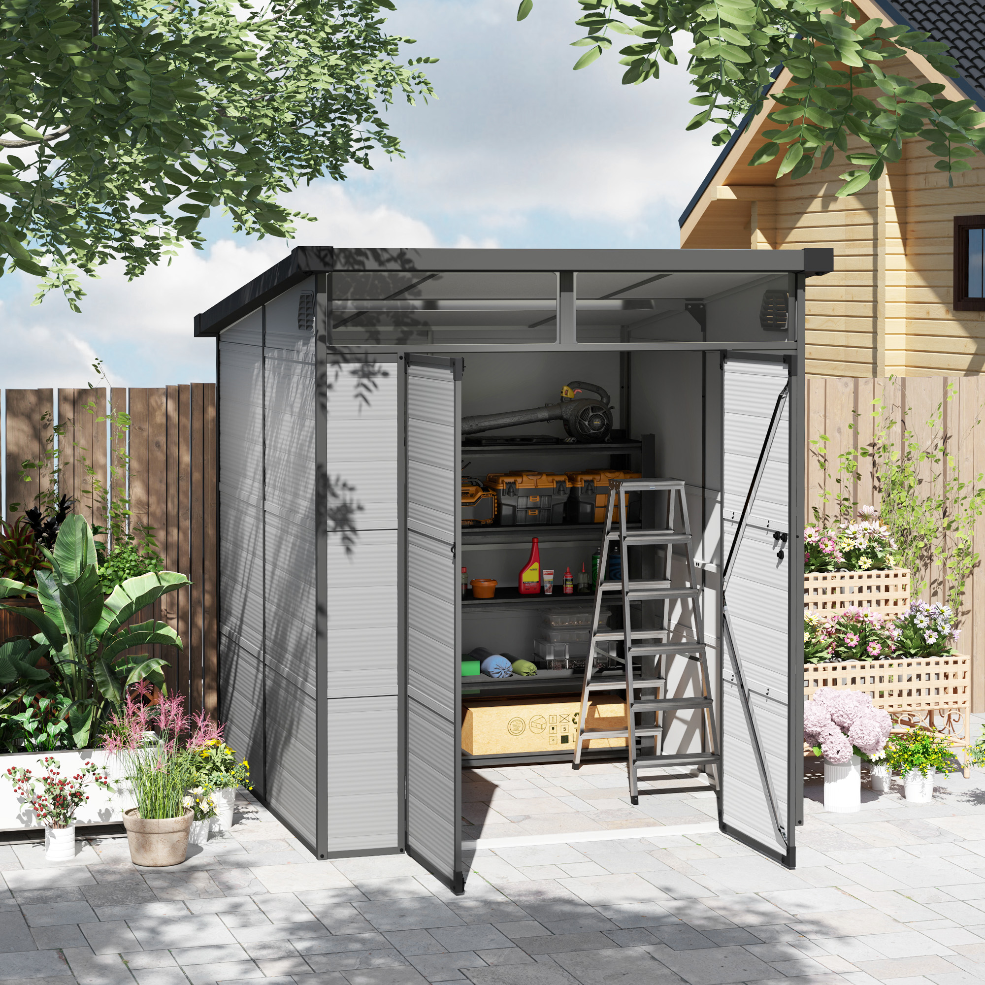 Outsunny 1,9 x 1,9 m Tuinschuur, Opslagschuur uit Kunststof, met Afsluitbare Deuren, 2 Ventilatieopeningen, Lichtgrijs