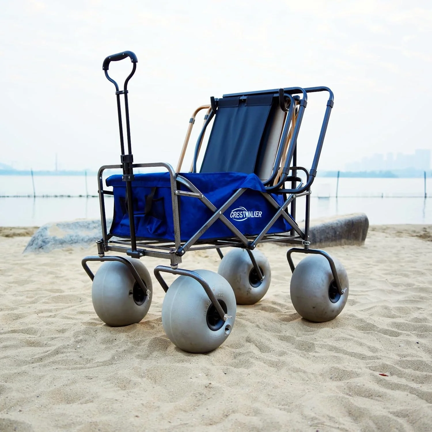 Beach cart with 13-inch balloon wheels, chair brackets and pump included