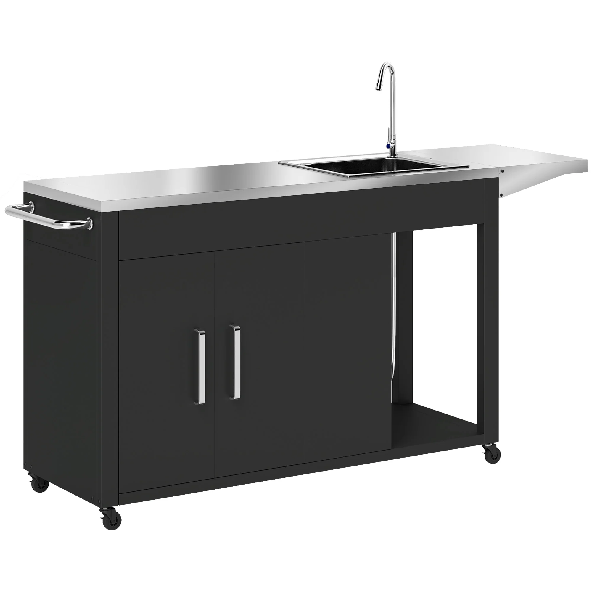 Outsunny Grillwagen Serveerwagen met Werkblad, Uitklapbare Zijplank, Kast, Spoelbak, Wielen, Roestvrij Staal 162,5x47x87cm Zwart