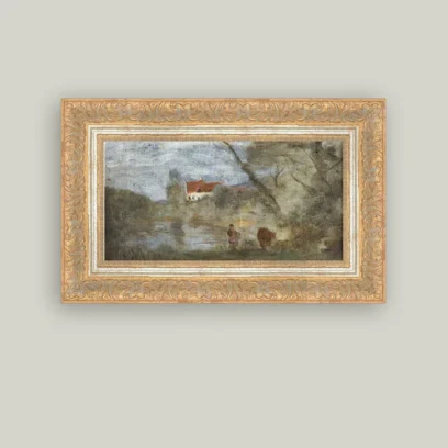 Cowherd by the Pond Framed Antique Inspired Art