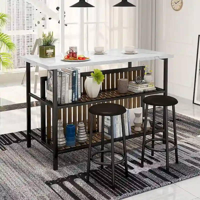 Kitchen Island with 2 Stools and Open Shelves
