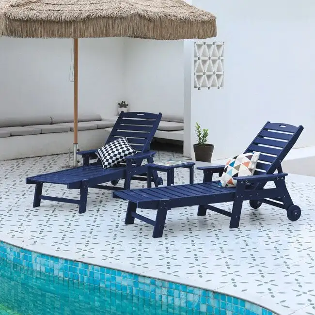 3-Piece Patio Set  2 Oversized Chaise Lounges (5-Position, Wheels, Cup Holder) + Side Table, All-Weather Wood Texture.