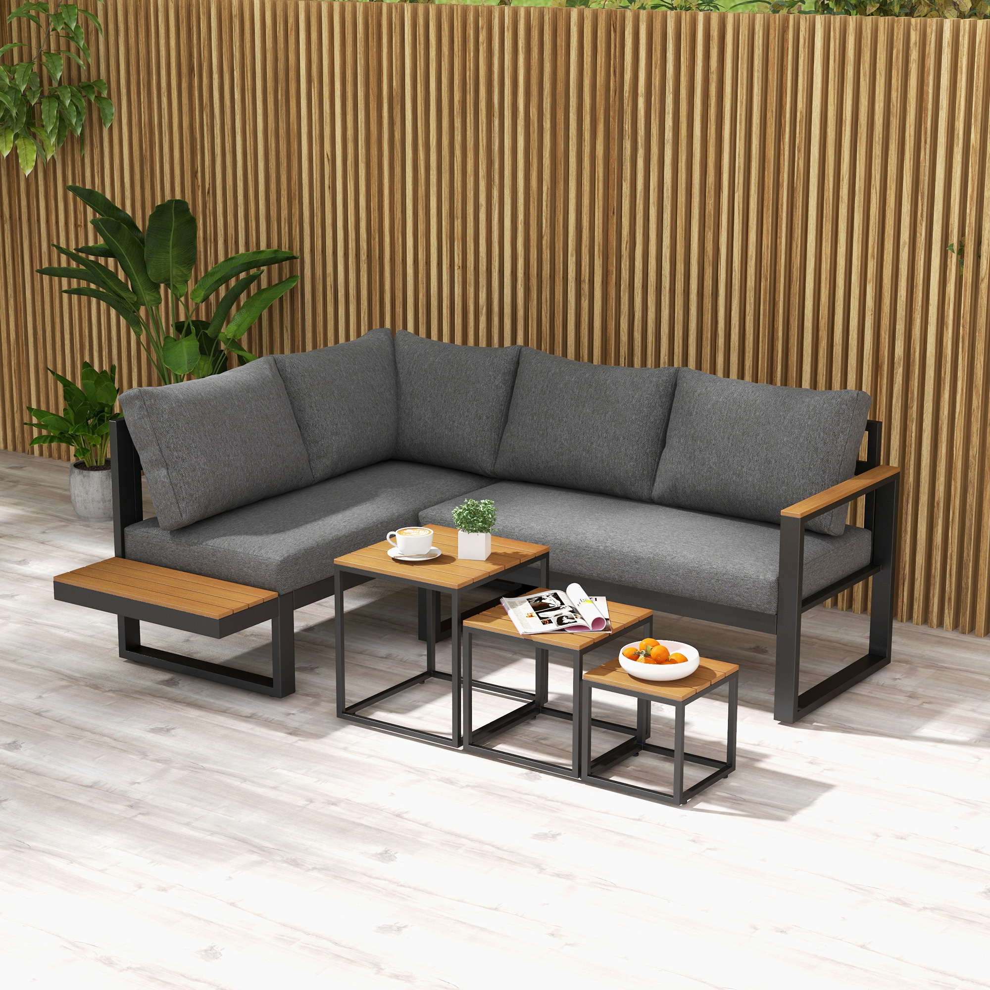 5-delige loungeset voor buiten, tuinmeubelset, 148 cm x 61 cm x 71,5 cm, Grijs + Natuurlijk
