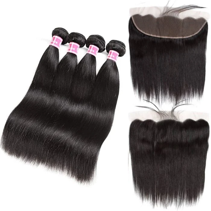 Brazilian Straight Hair 4 Bundles With 13X4 Lace Frontal 10A Grade Natural Color Hair Weaves