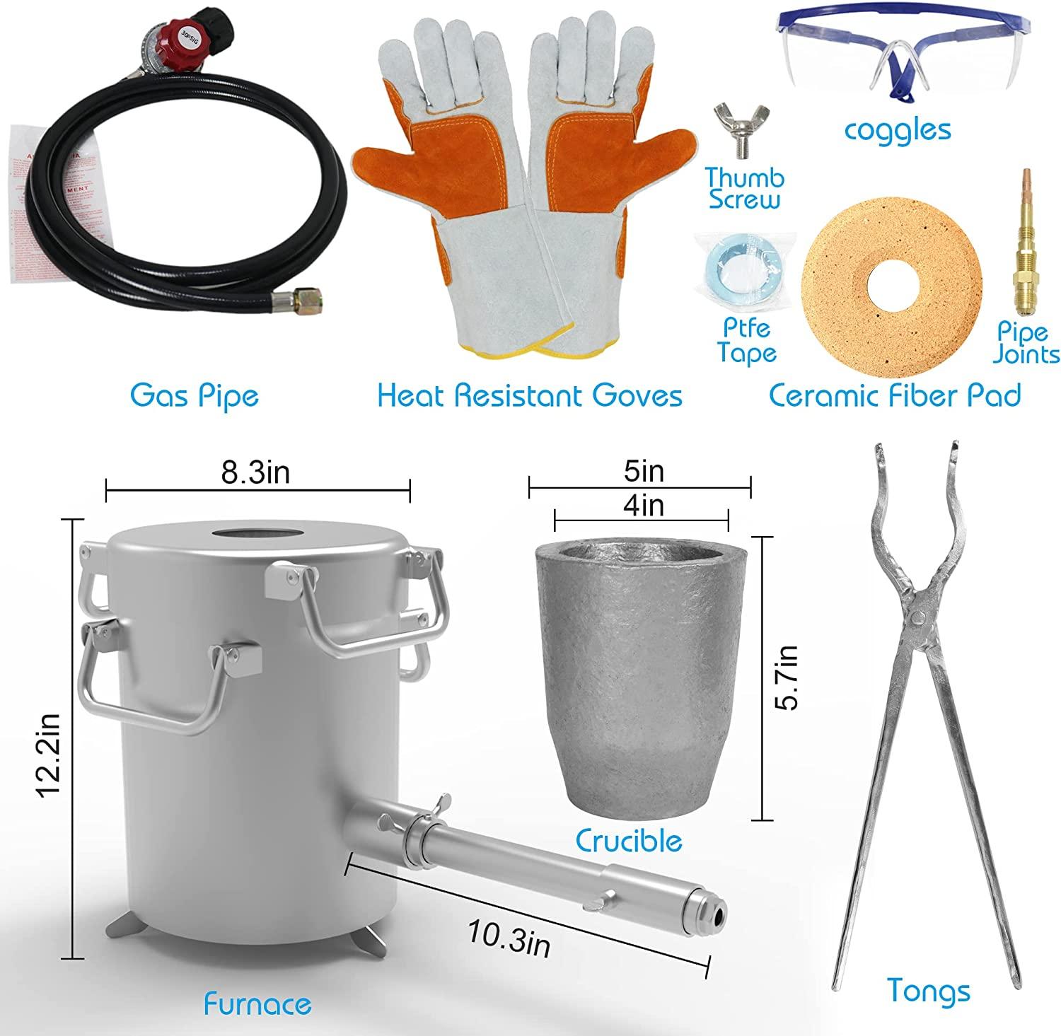 Propane Melting Furnace Kits, 6kg(13LB) Graphite Crucible, Up to 2372��F, Made of Steel Barrel, Smelt Metal,with Goggles and High Temperature Gloves
