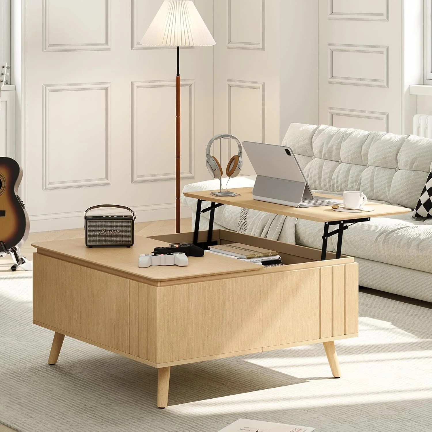 Round Coffee Table with Storage Fluted Center Table with Sliding Cabinet Door for Living Room