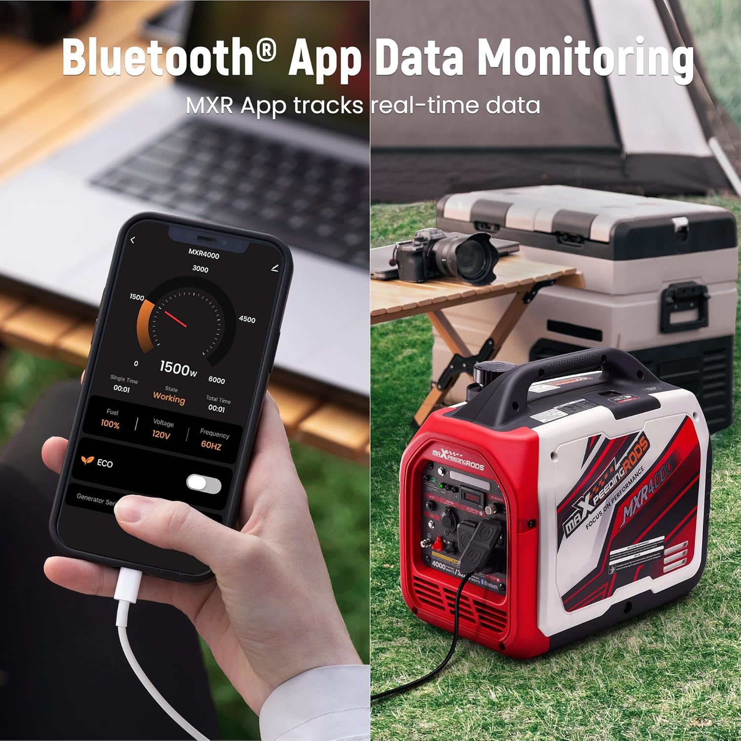 maXpeedingrods 4000 Watt Inverter Generator Portable  Bluetooth® App Remote Data Monitor  RV Ready  Gas Powered Generator with CO Alarm for Outdoor Camping  Home Backup