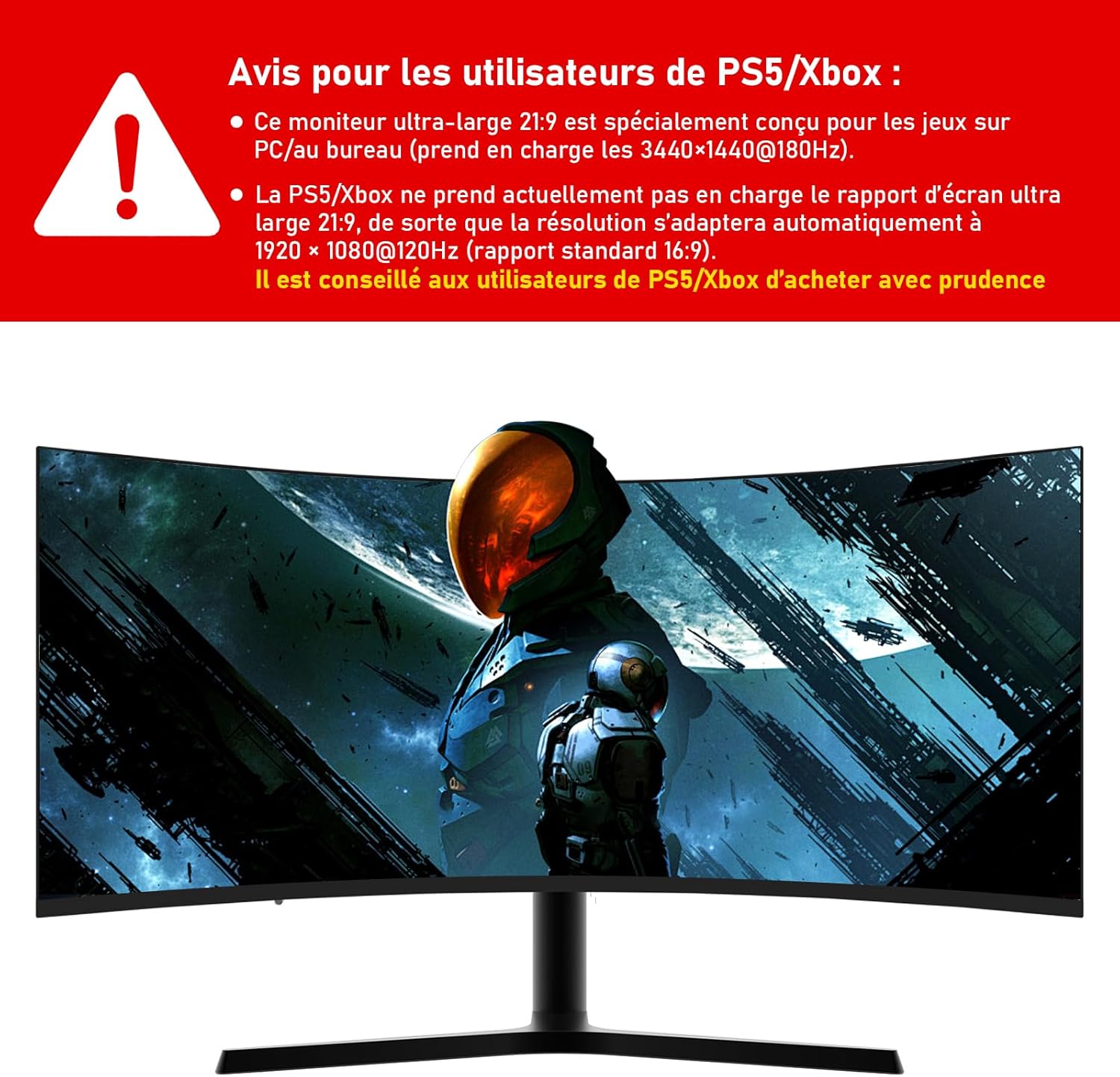 Gawfolk Écran PC Ultra Large 34 Pouces 1000R incurvé 180Hz Gaming Computer Moniteur 21:9 UWQHD (3440x1440),1ms,100% sRGB,Adaptive Sync,Display Port、HDMI,Fonction de Levage,Compatible avec Mural -Noir