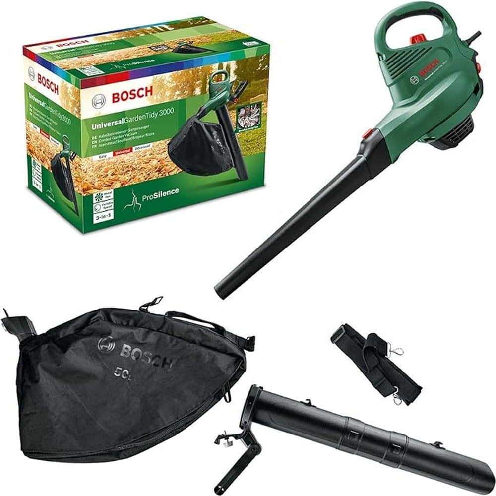 Bosch elektrischer Laubsauger/Laubblser UniversalGardenTidy 3000 (3000 W, Fangsack 50 l, stufenlose Drehzahleinstellung, zum Blasen, Saugen und Hckseln von Laub, in Kartonverpackung)