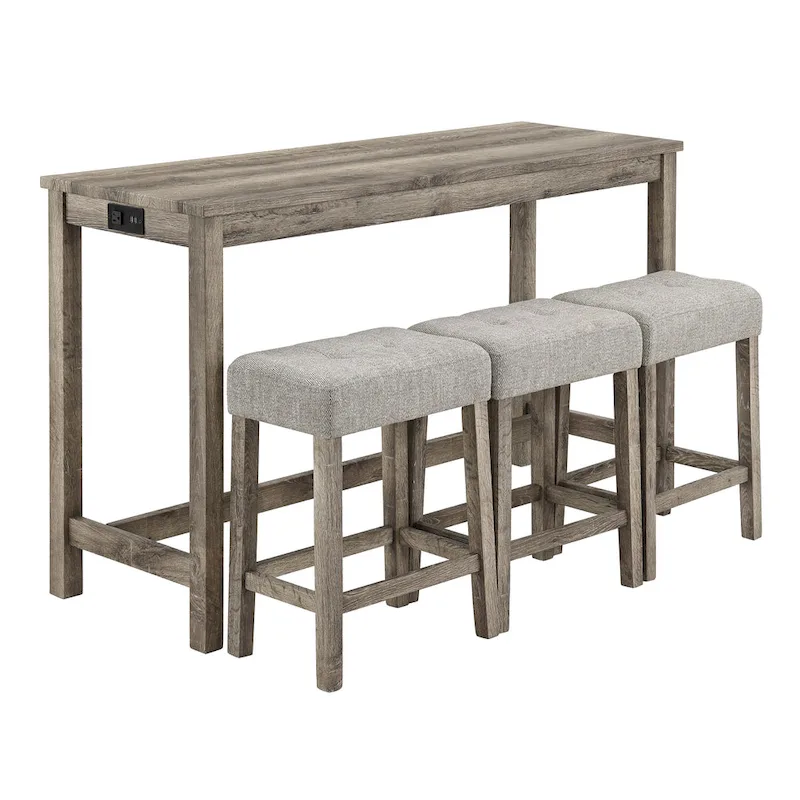 Bar Dining Table Set and 3 Bar Stools with Power Outlet Kitchen Breakfast Nook Wooden Dining Table Chairs Sets