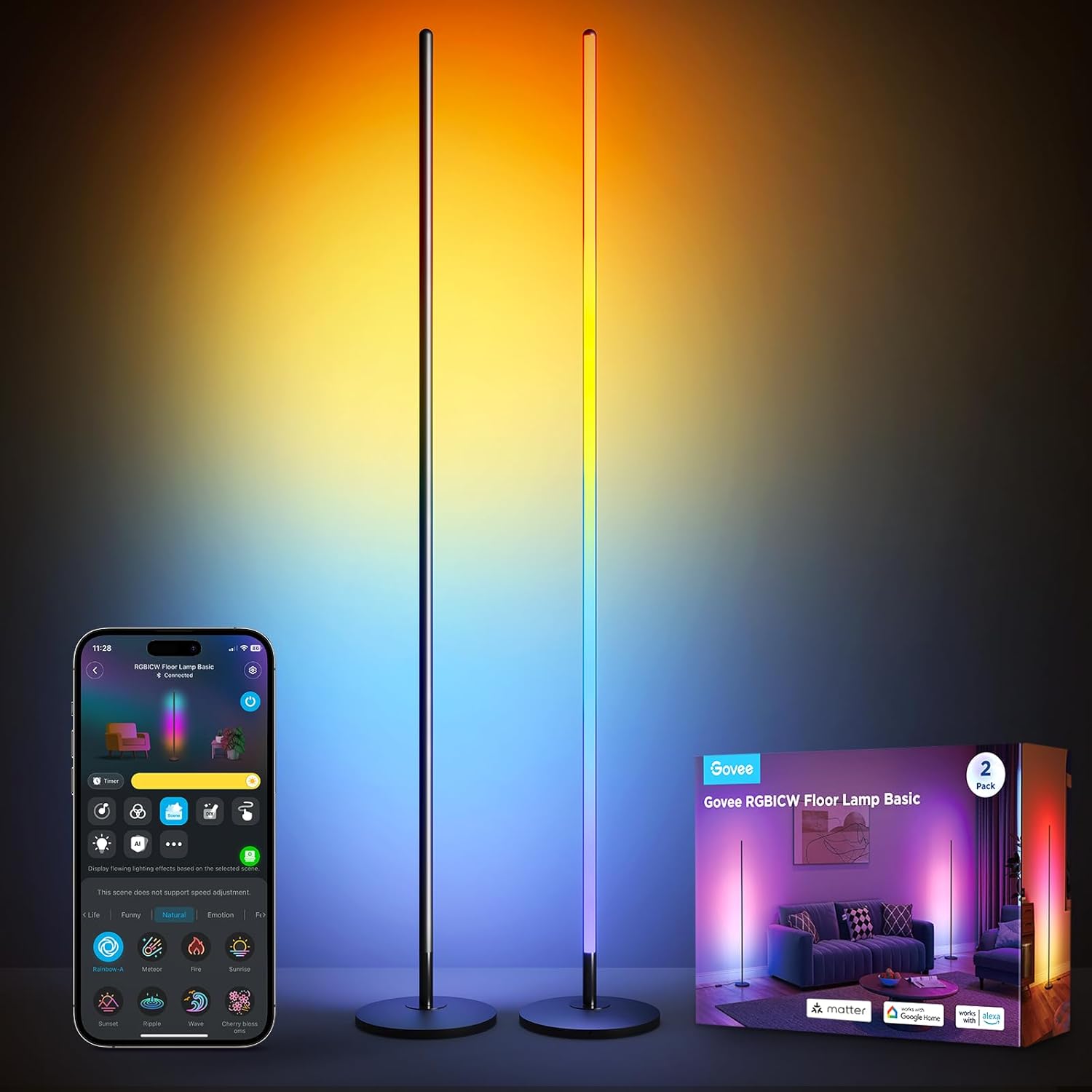 Govee RGBIC Floor Lamp Basic 2-Pack, Compatible with Alexa, LED Smart Standing Lamp with Voice Control, Color Changing Bedside Floor Lamp for Bedroom, Nightstand Corner Lights, Black