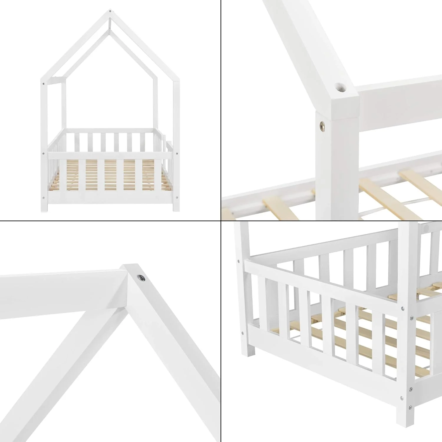 [en.casa] Letto per bambini Sisimiut a capanna 80 x 160 cm con protezione anticaduta letto in legno per bambini letto a terra rete a doghe in legno di pino Bianco opaco