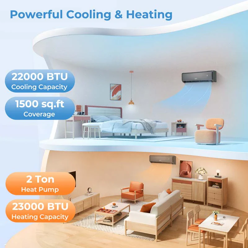 22 000 BTU Wifi képes mini split klímaberendezés fűtéssel, 21 SEER2 208-230V Inverteres Split AC egység hőszivattyúval
