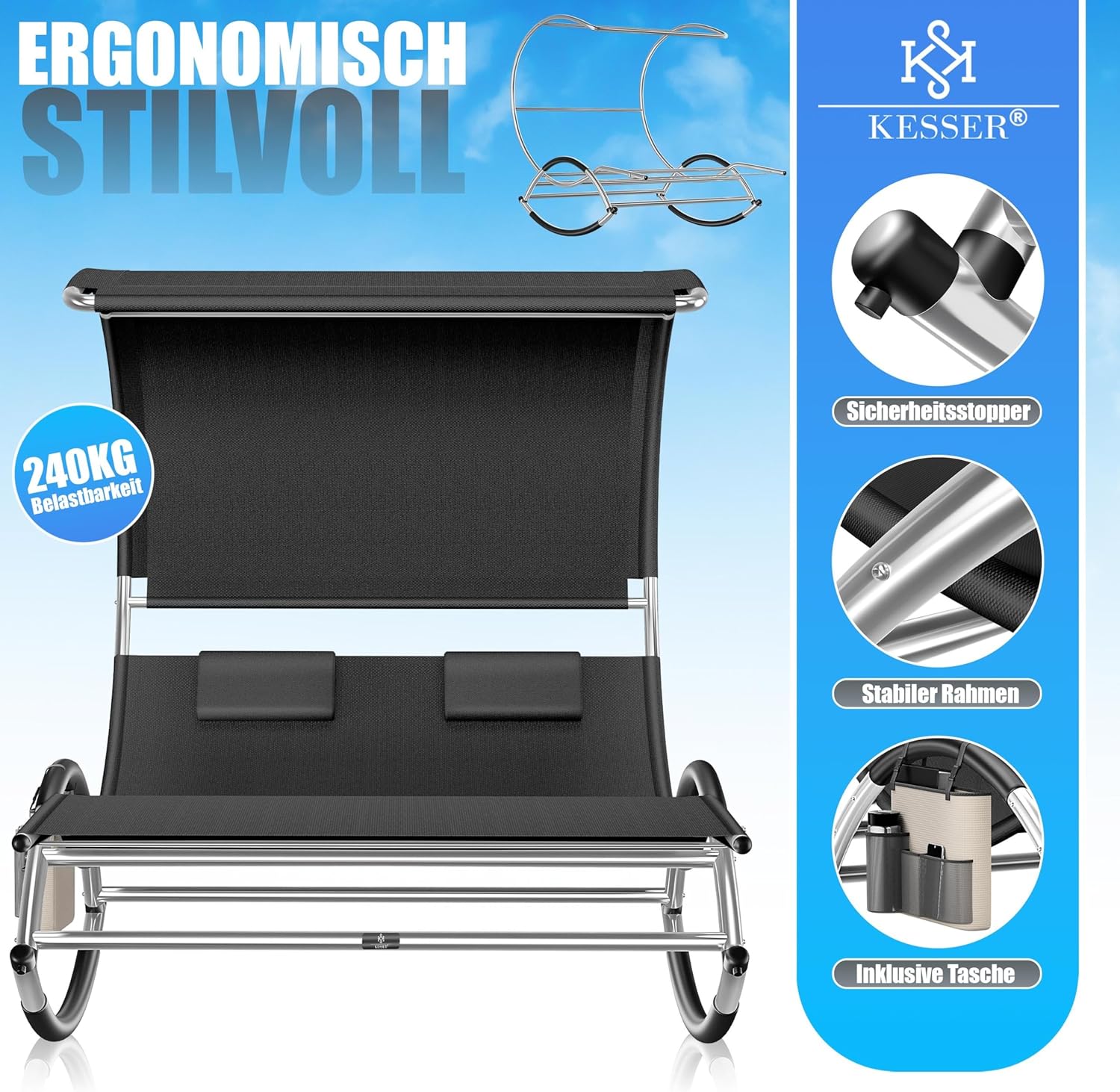 KESSER® Doppel-Sonnenliege Doppelliege mit Sonnendach, Kopfkissen Tasche für 2 Personen, Relaxliege, Gartenliege, Schaukelliege ergonomische Liegefläche, 240 kg Belastung, Seitentasche, Schwarz