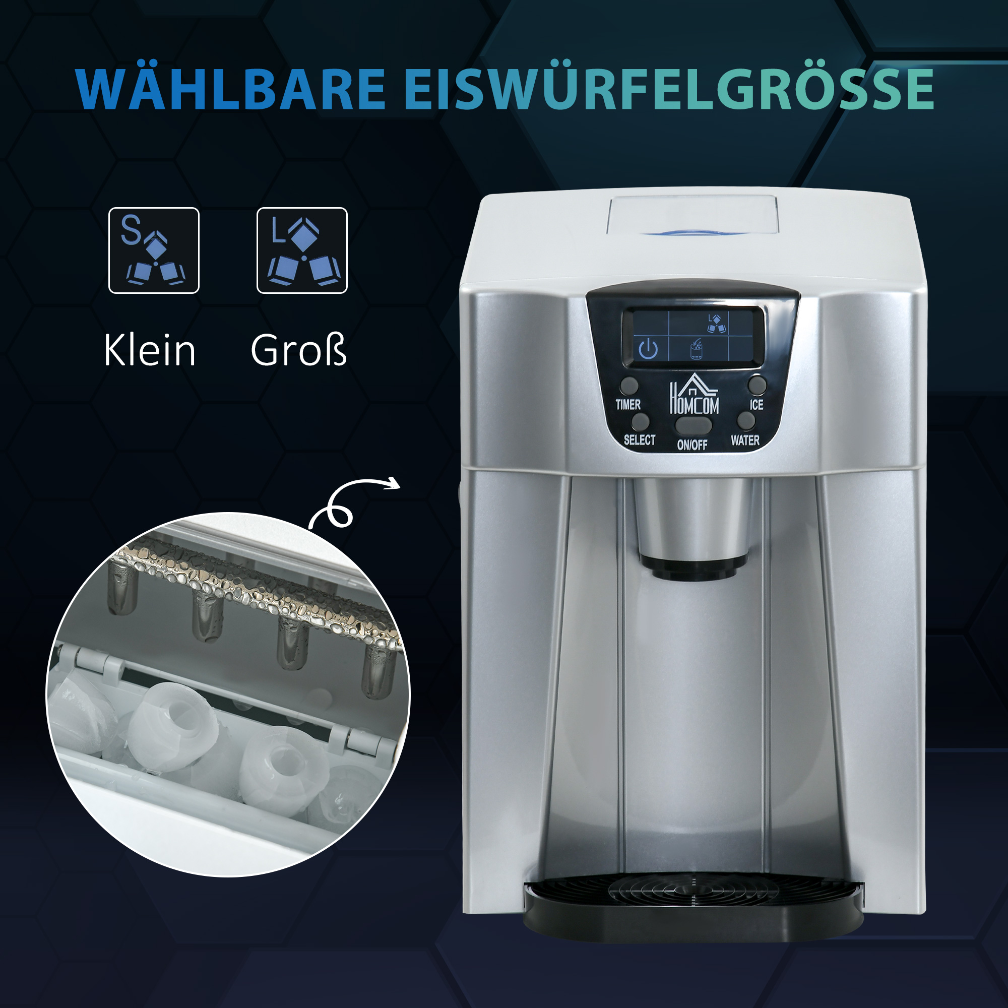 HOMCOM IJsblokjesmachine IJsblokjesmaker Ice-Maker, Timerfunctie, 25,2 cm x 38,9 cm x 36,3 cm, Zilver