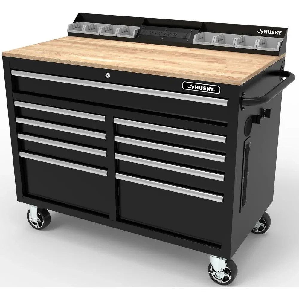 Mobile workbench with 9 drawers, hardwood top and power connection, 117 cm W x 62 cm D – high-gloss black