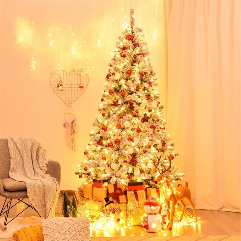 Premium Pre-Lit Snow Flocked Artificial Christmas Tree with Hinged Branch Tips & LED Lights
