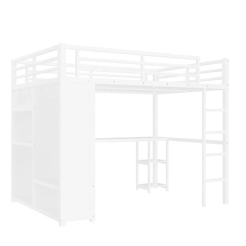 Queen Loft Bed - Built-in Wardrobe & Desk, Metal Frame with Shelves