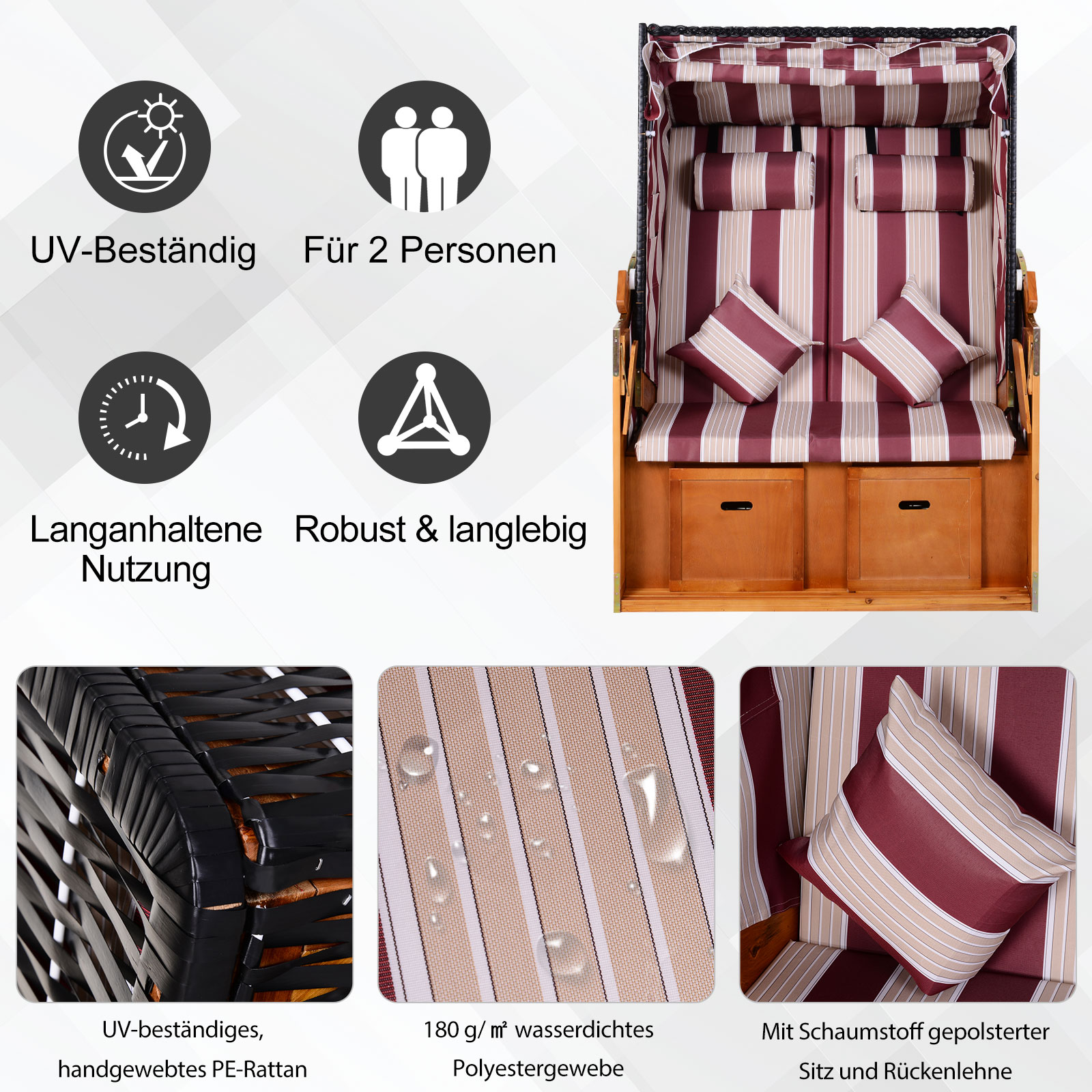 Dubbele ligstoel met dak dubbele ligstoel chaise longue voetensteun PE rotan rood