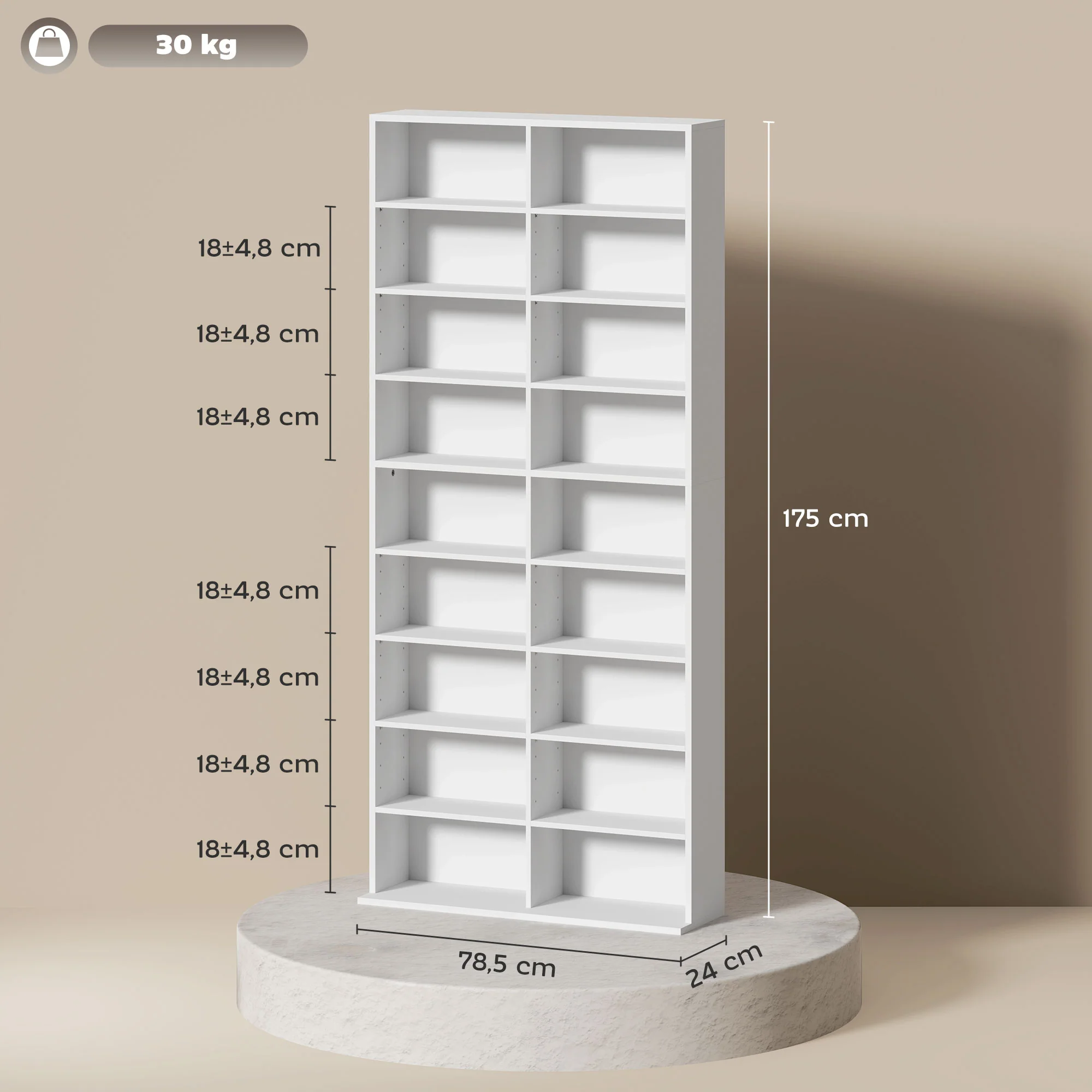 HOMCOM DVD-Rek, CD-Opslagrek, 14 Aanpasbare Planken, 18 Vakken, 175 cm, Blu-ray-Rek, Spaanplaat, Wit