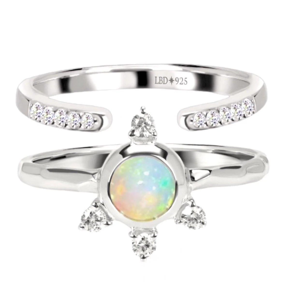 Luxury Solar Burst Genuine Opal & Topaz Ring Set