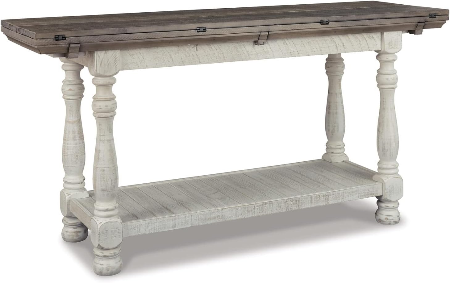 Signature Design by Ashley Havalance Farmhouse Sofa Table, Flip Top Design for Additional Dining Space and Fixed Lower Shelf, Gray & White with Weathered Finish