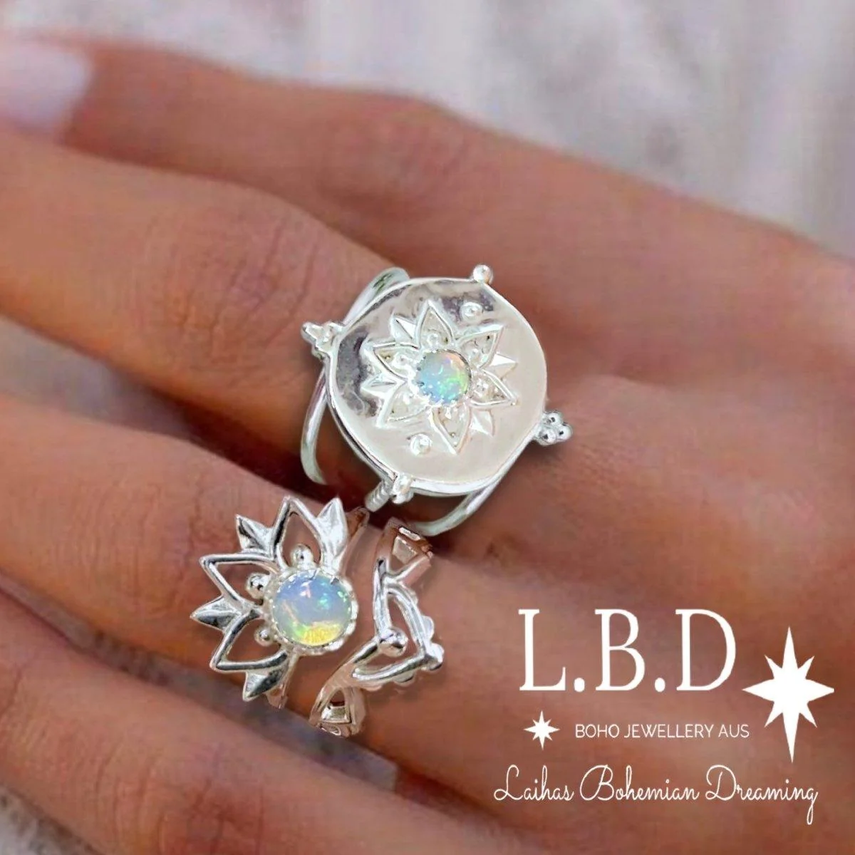 Laihas Intricate Vera May Sterling Silver Boho Ring- Genuine Opal Ring