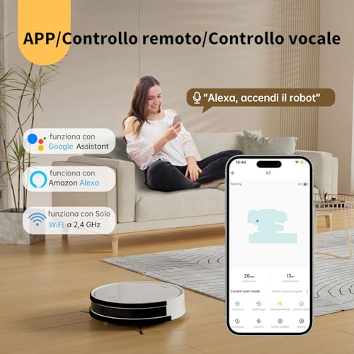 OKP K5B Robot Aspirapolvere e Mocio Ultra Sottile 7.7 cm, 2500Pa, Wi Fi/App/Alexa, Adatto per Salviette Monouso, Ideale per Peli di Animali, Tappeti, Pavimenti Duri, Automatic Recharge : Casa e cucina