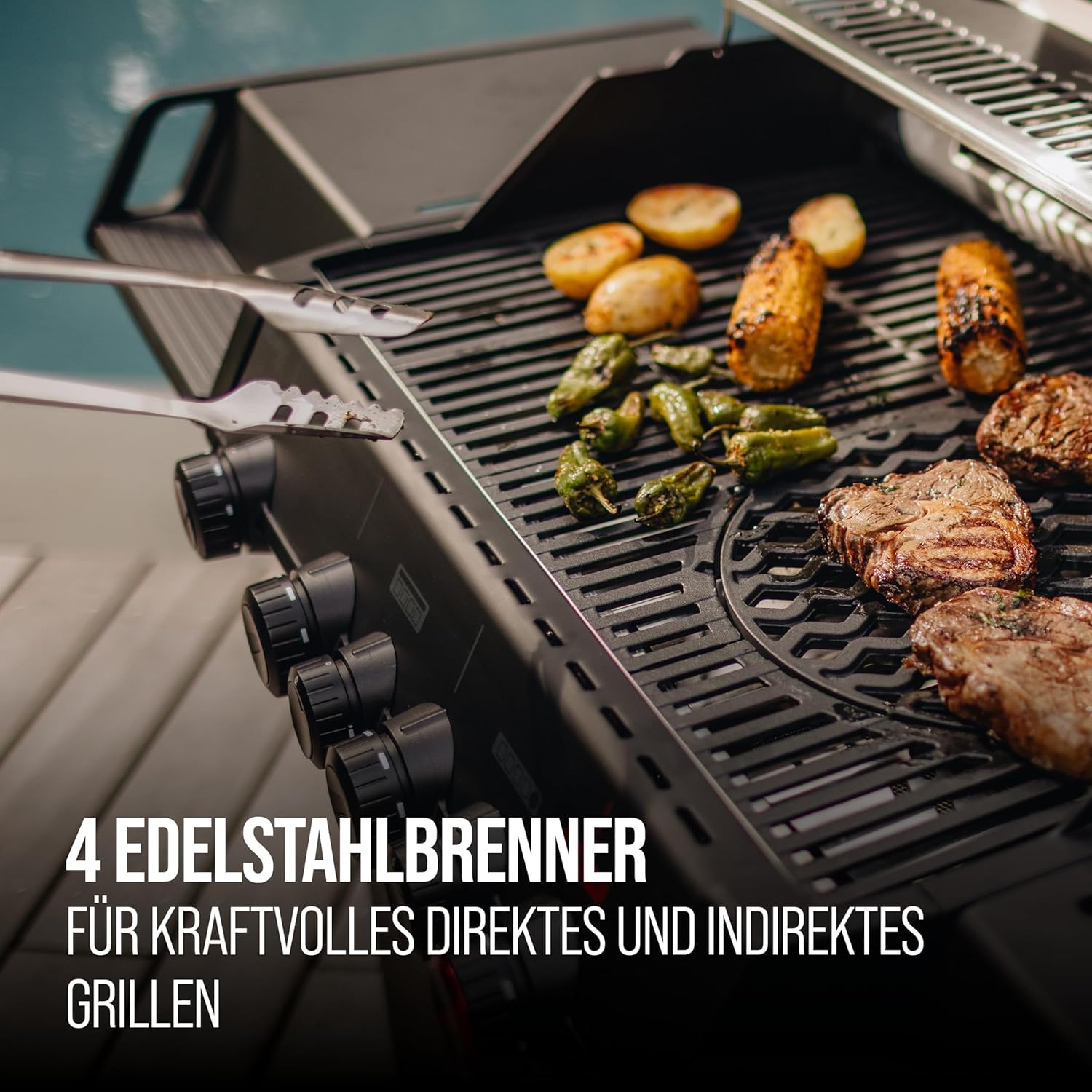 Enders® Gasgrill Monroe Pro 4 SIKR Turbo Shadow inkl. Seargrate, 4-Brenner, mit Kocher, Infrarot-Heckbrenner, PanoVision Sichtfenster, Gussrost, Aluguss Grill, 800 °C TURBO ZONE™, SIMPLE CLEAN™, #8366