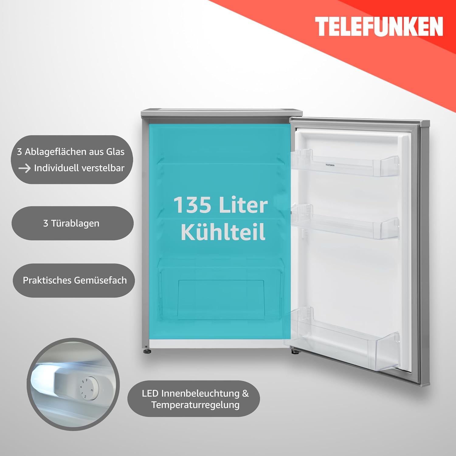 TELEFUNKEN Kühlschrank ohne Gefrierfach freistehend | Standkühlschrank mit 135 Liter Nutzinhalt | Kühlschrank klein mit Gemüsefach | Vollraumkühlschrank | Türanschlag wechselbar | C-135-100-S silber