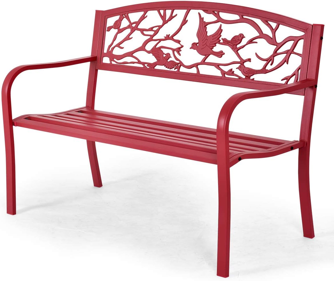 GIANTEX Gartenbank 2 Sitzer, Parkbank aus Metall, Eisenbank bis 280 kg belastbar, Terrassenbank mit Rücken- & Armlehnen, Sitzbank im Retro-Stil für Garten, Balkon, Terrasse, 127 x 59.5 x 87.5 cm rot