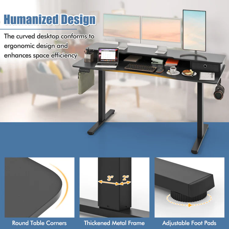 Electric Standing Desk with 2 Drawers, 3 Memory Positions, 63