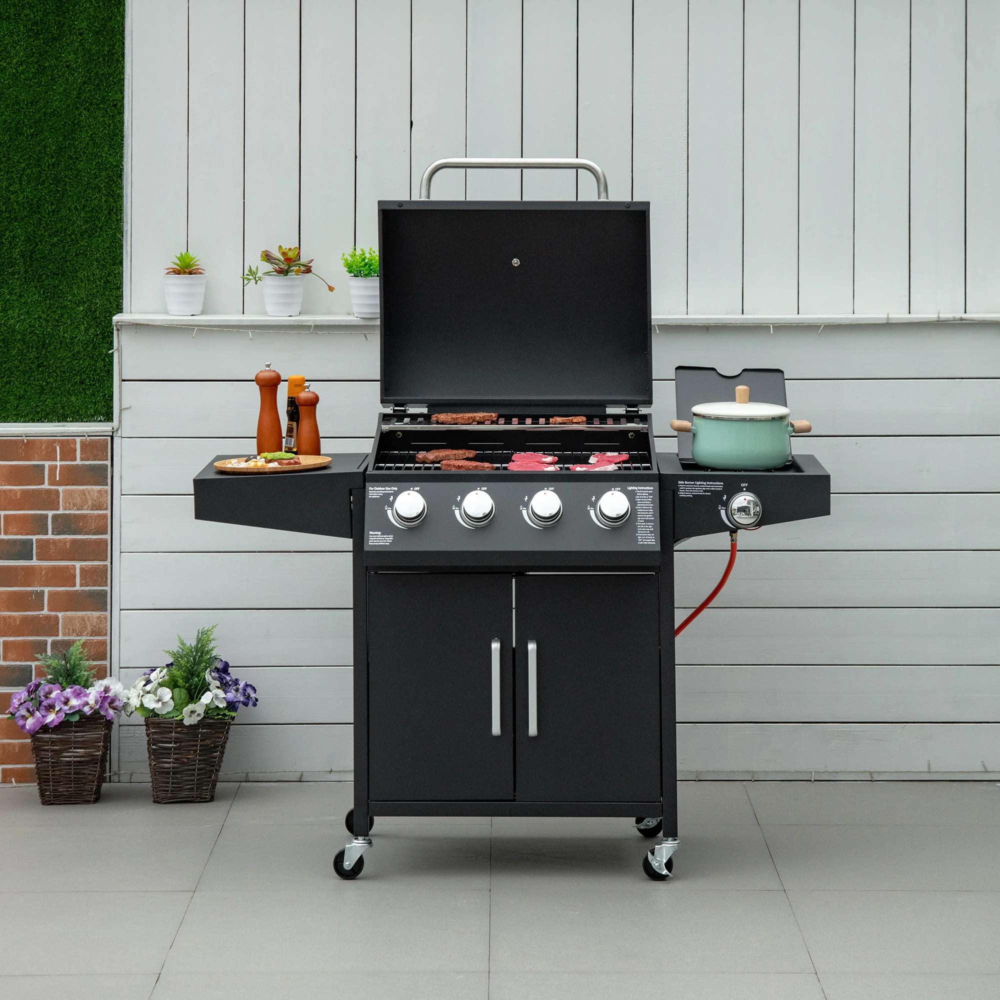 Outsunny 4+1 Gas BBQ Grill met 4 Branders en 1 Zijbrander Koolstofstaal Zwart 132 x 55 x 109 cm