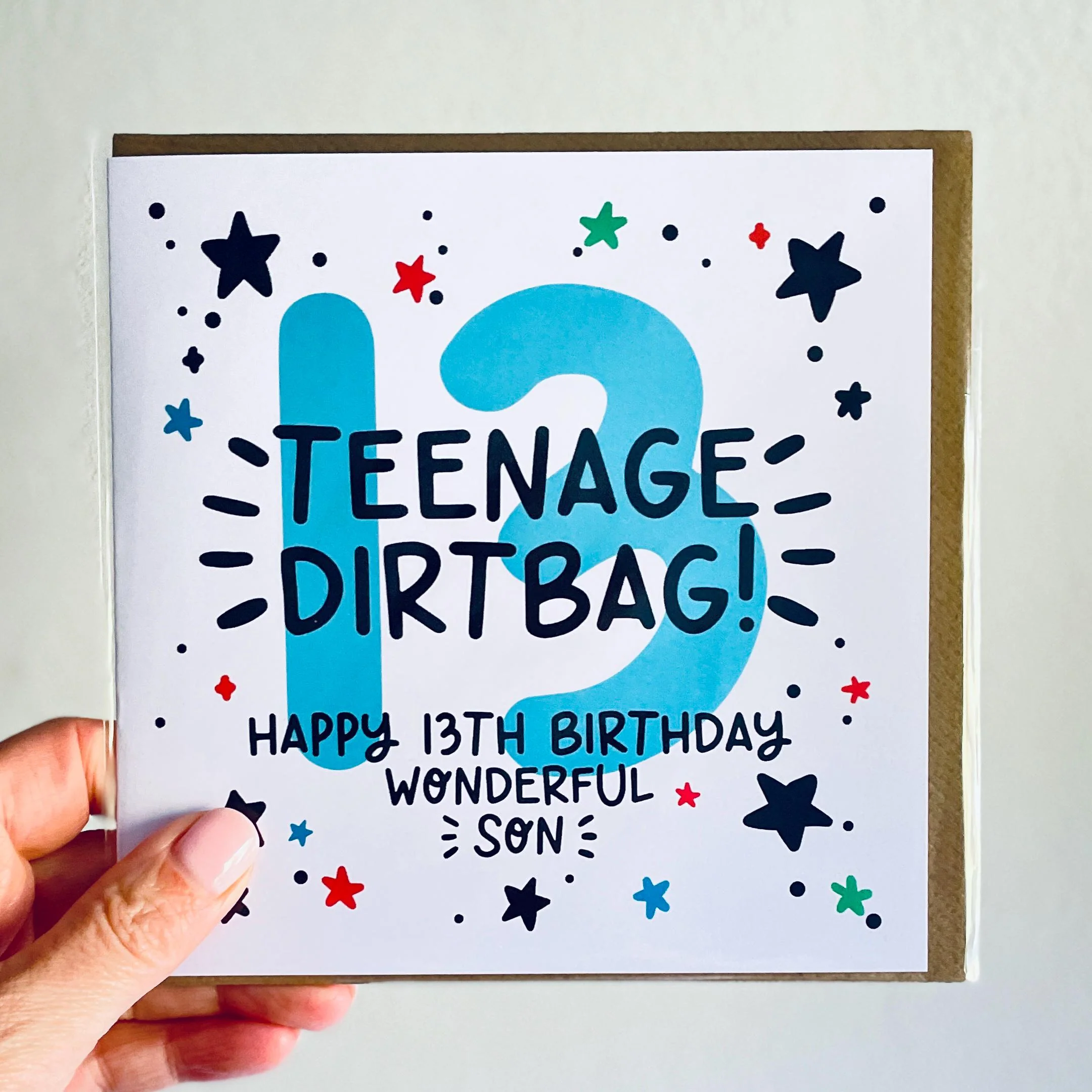 13th Birthday Card for Son Teenage Dirtbag, with Kraft Envelope