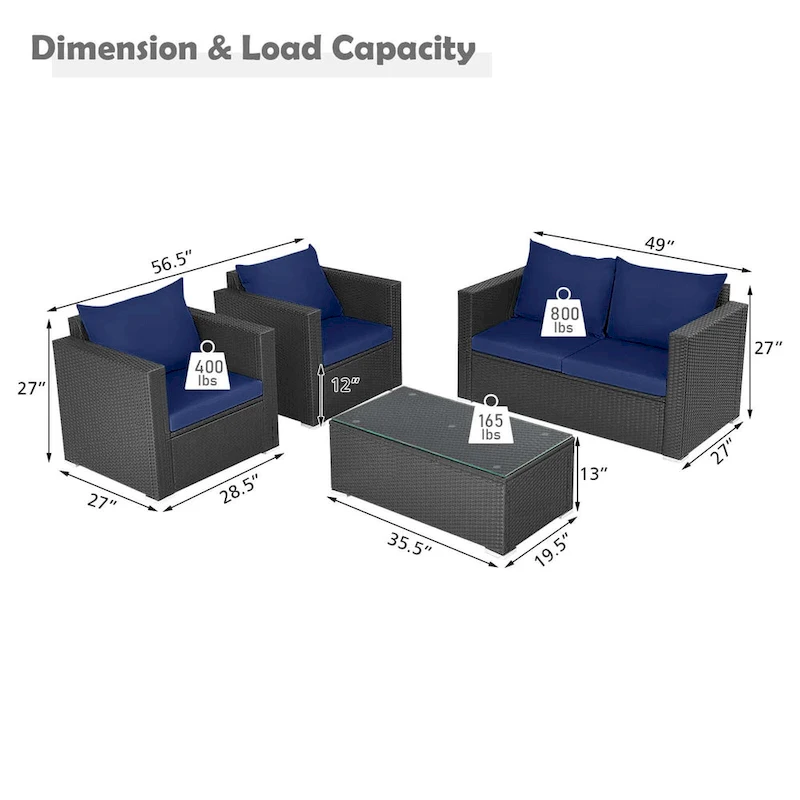 Costway 4 PCS Patio Rattan Furniture Set Cushioned Sofa Chair Coffee - See Description
