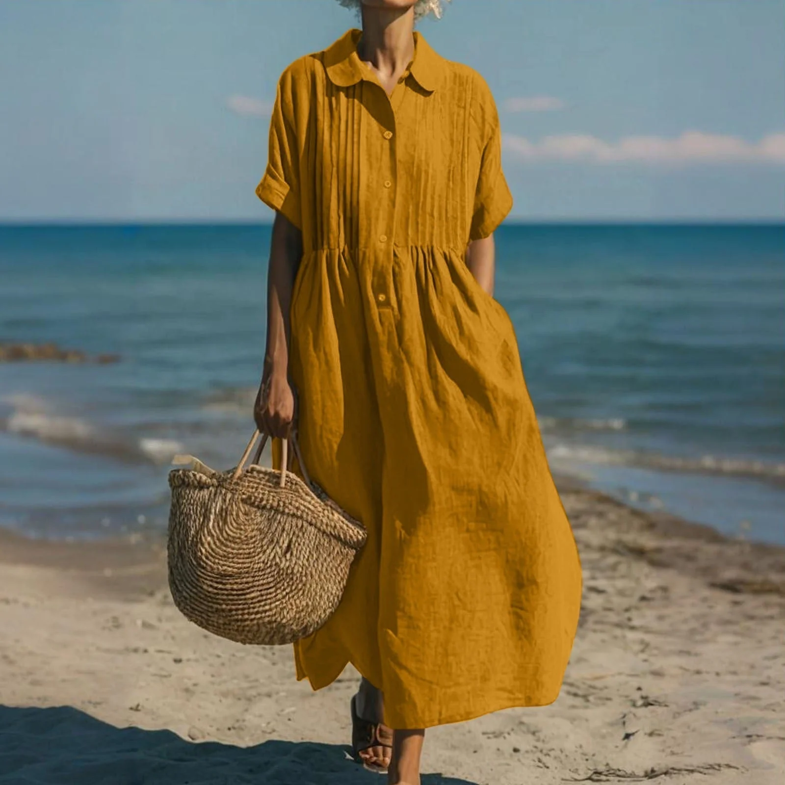 Women��s Midi Dress Breathable Cotton Button-Front Summer Style