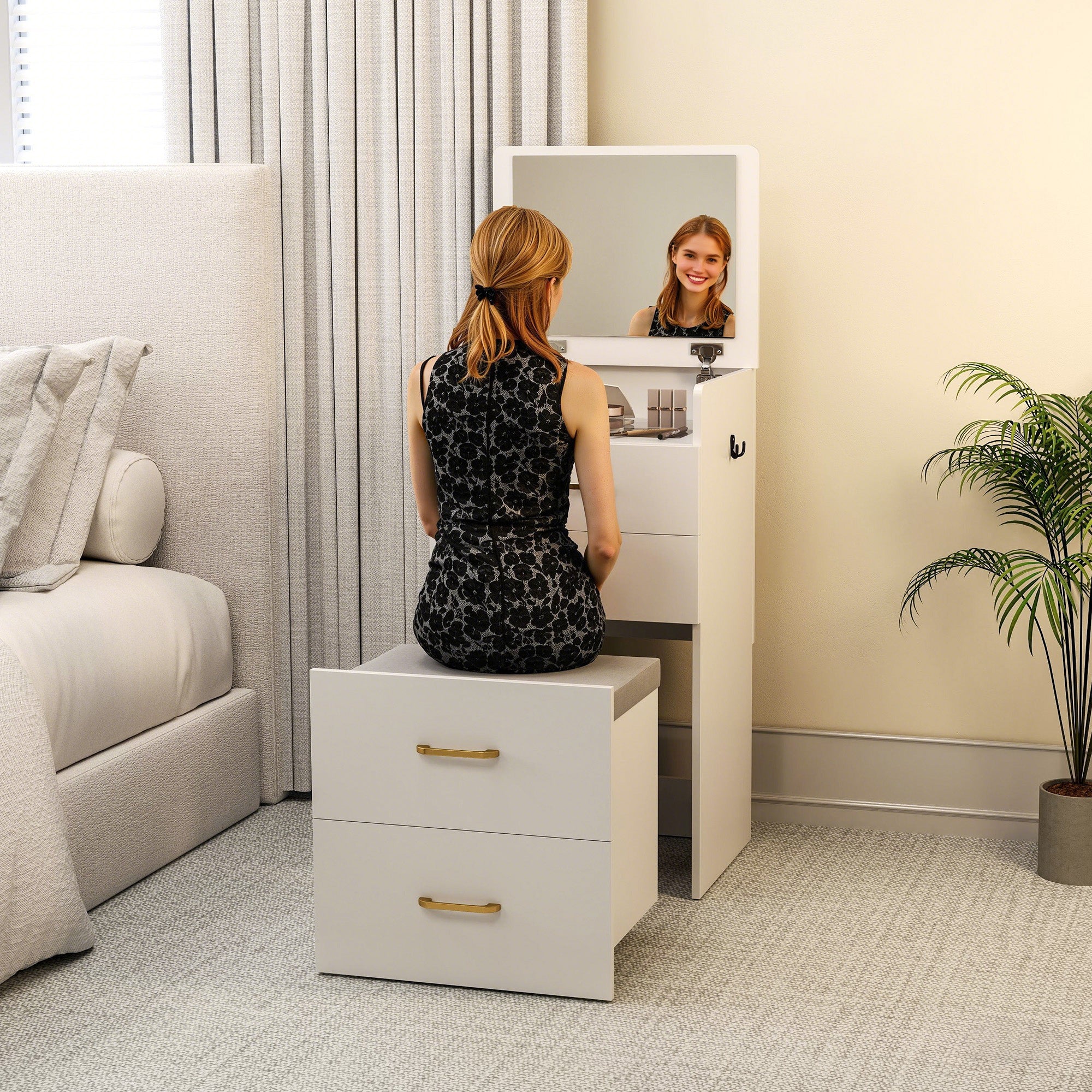 HOMCOM 3-in-1 Make-uptafel met Spiegel, Nachtkastje, Rollende Kruk, Lades, Wit