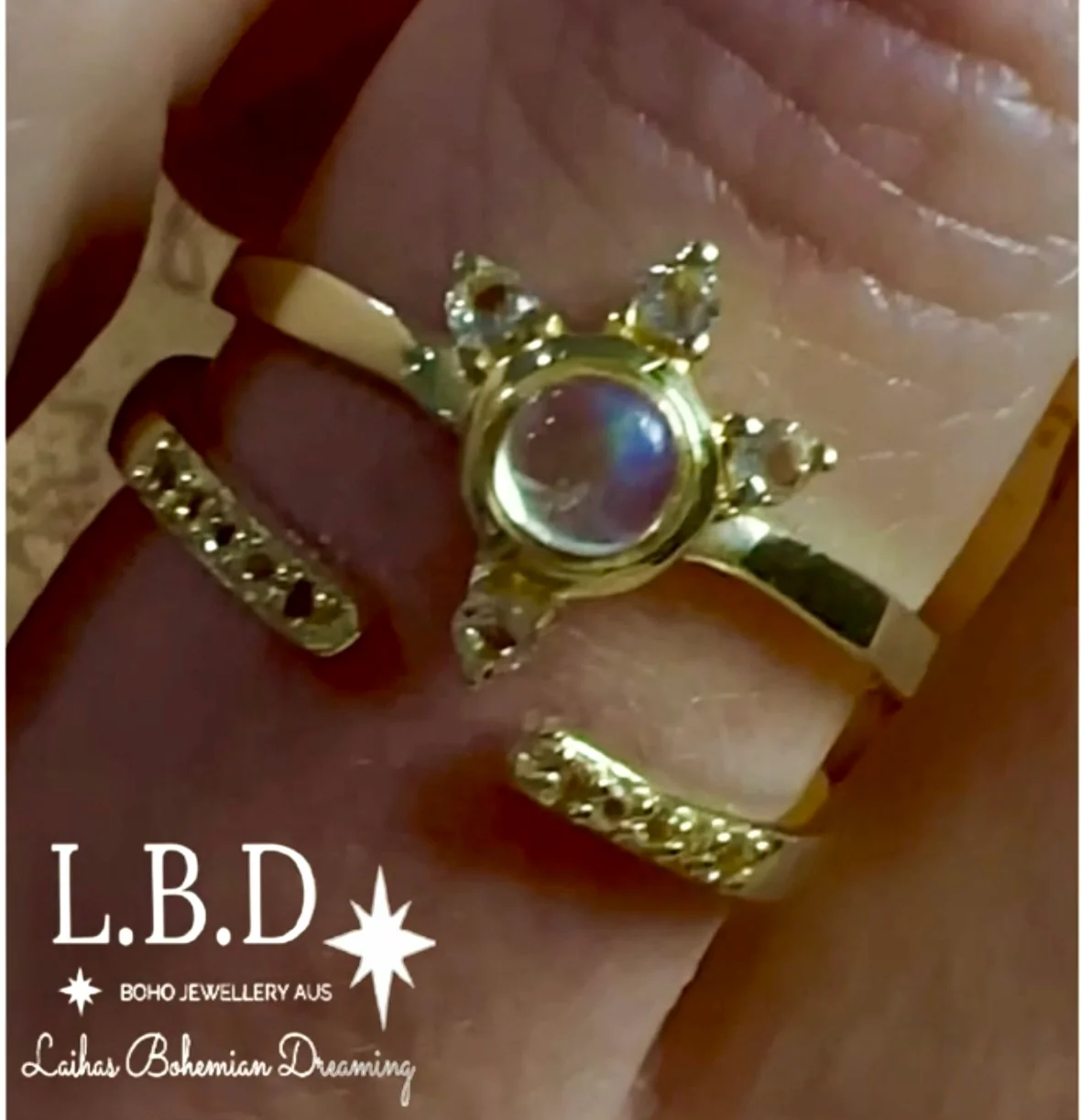 Luxury Solar Burst Moonstone & Topaz Gold Ring