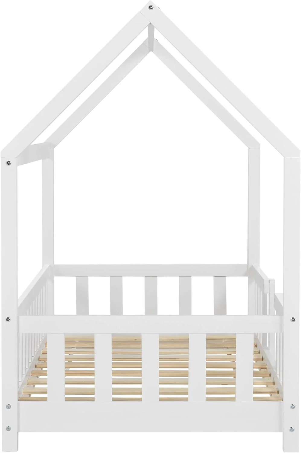 [en.casa] Letto per bambini Sisimiut a capanna 80 x 160 cm con protezione anticaduta letto in legno per bambini letto a terra rete a doghe in legno di pino Bianco opaco